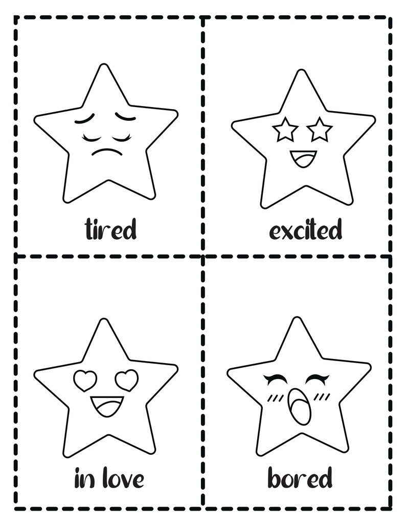 A sheet with four cut-out style cards featuring star characters expressing tired, excited, in love, and bored emotions with corresponding labels.