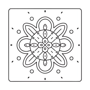 May include: A square tile featuring a black and white line art design. The center displays a symmetrical floral motif with rounded petals, surrounded by small circles and dots arranged in a balanced pattern within the square border.
