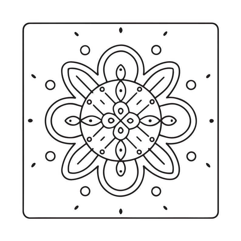 May include: A square tile featuring a black and white line art design. The center displays a symmetrical floral motif with rounded petals, surrounded by small circles and dots arranged in a balanced pattern within the square border.