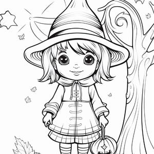 May include: A black and white line art colouring page featuring a young character wearing a pointed witch hat and a coat with toggle closures. The character holds a small jack-o'-lantern pumpkin, standing outdoors near a tree with falling leaves.