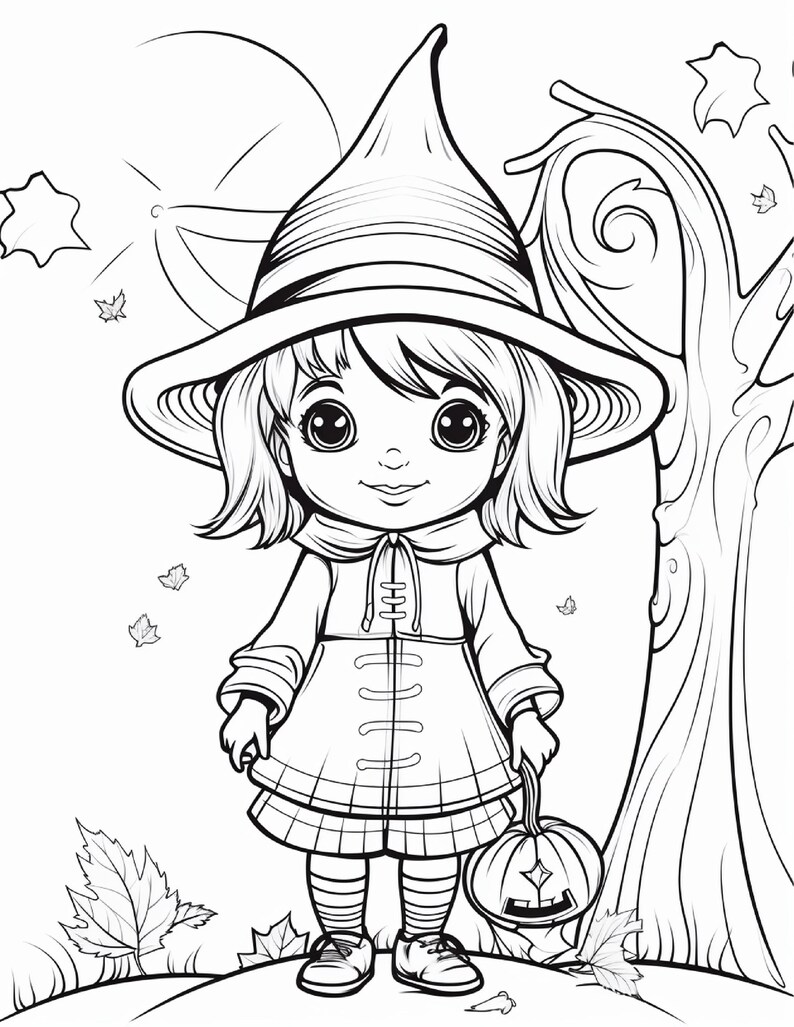 May include: A black and white line art colouring page featuring a young character wearing a pointed witch hat and a coat with toggle closures. The character holds a small jack-o'-lantern pumpkin, standing outdoors near a tree with falling leaves.