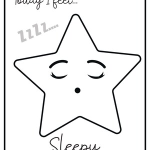 A printable flashcard featuring a sleepy star face with closed eyes and zzz text, labeled Today I feel... and Sleepy.