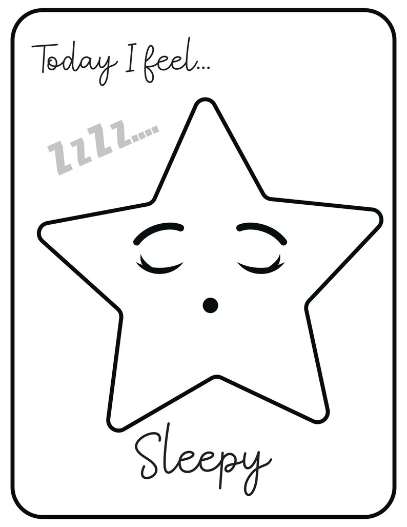 A printable flashcard featuring a sleepy star face with closed eyes and zzz text, labeled Today I feel... and Sleepy.