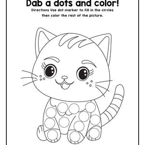 A printable coloring worksheet featuring an outline of a cat with circles on its body for dot markers and instructions to dab dots and color.