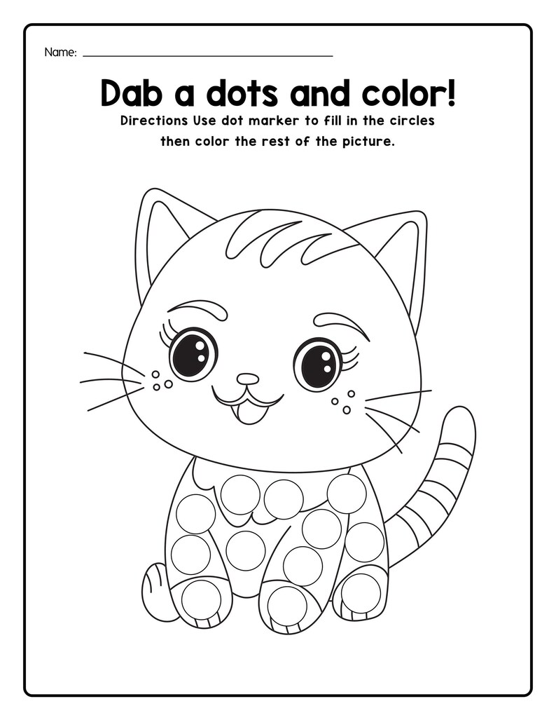 A printable coloring worksheet featuring an outline of a cat with circles on its body for dot markers and instructions to dab dots and color.