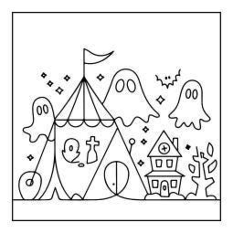 A line drawing of a circus tent with ghosts, a haunted house, and a bat flying around it.