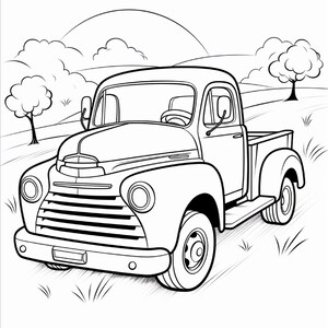 May include: A black and white line art illustration of a vintage pickup truck parked in a grassy field. The truck features a rounded bonnet, a horizontal grille, and large wings. In the background, there are two trees and a curved horizon line.