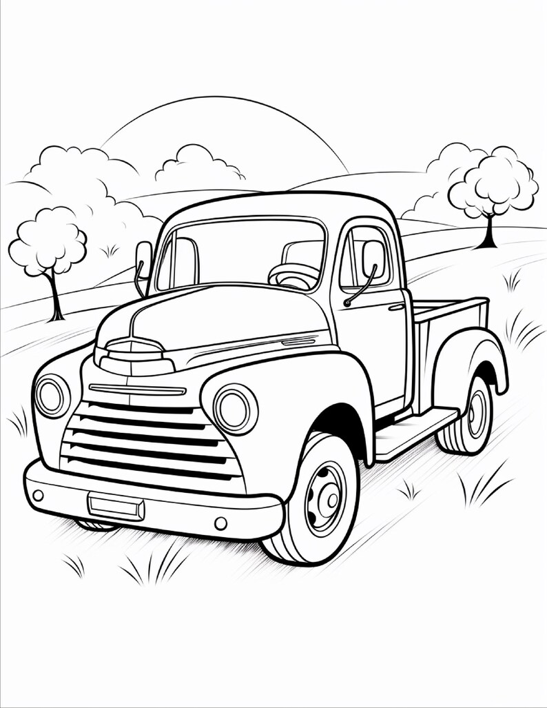 May include: A black and white line art illustration of a vintage pickup truck parked in a grassy field. The truck features a rounded bonnet, a horizontal grille, and large wings. In the background, there are two trees and a curved horizon line.