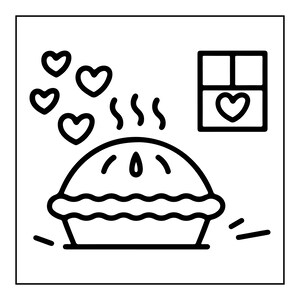 May include: A black and white line art illustration of a steaming pie with a crimped crust. Four heart shapes float above the pie, and a square window with a heart icon is positioned in the upper right corner of the square frame.
