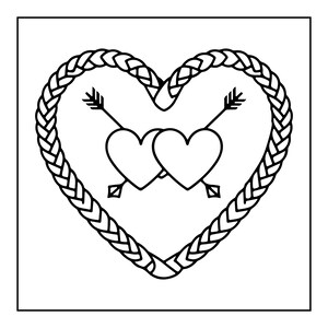 May include: A black and white line art illustration featuring a large heart shape formed by a braided rope pattern. Inside the braided heart, two smaller hearts are positioned side by side, pierced by a single arrow that runs diagonally through them.