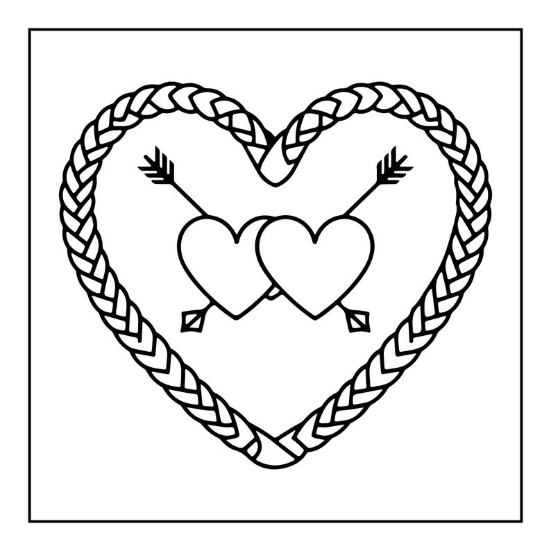 May include: A black and white line art illustration featuring a large heart shape formed by a braided rope pattern. Inside the braided heart, two smaller hearts are positioned side by side, pierced by a single arrow that runs diagonally through them.