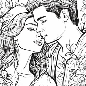 May include: A black and white line art illustration depicting a couple in an intimate embrace. The two figures are surrounded by detailed floral elements, including leaves and blooming flowers, creating a decorative frame around their faces.