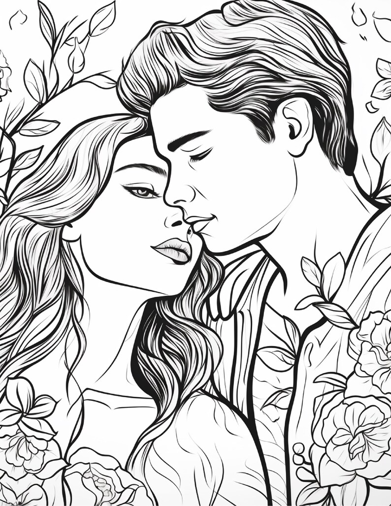 May include: A black and white line art illustration depicting a couple in an intimate embrace. The two figures are surrounded by detailed floral elements, including leaves and blooming flowers, creating a decorative frame around their faces.