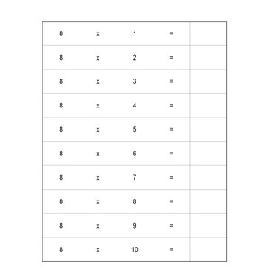Peut inclure: Une fiche p&eacute;dagogique blanche intitul&eacute;e Math Tables pr&eacute;sentant une table de multiplication pour le chiffre huit. Le tableau liste les &eacute;quations de huit fois un &agrave; huit fois dix, avec des cases vides &agrave; droite pour inscrire les r&eacute;ponses.