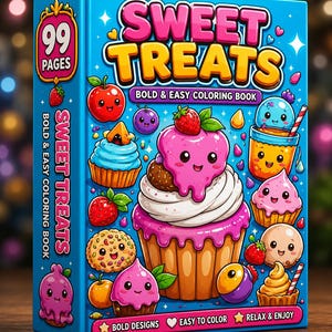 Malbuch mit süßen Leckereien | 99 Seiten mit Kawaii-Dessertmotiven (Digitaler Download) Bild 1