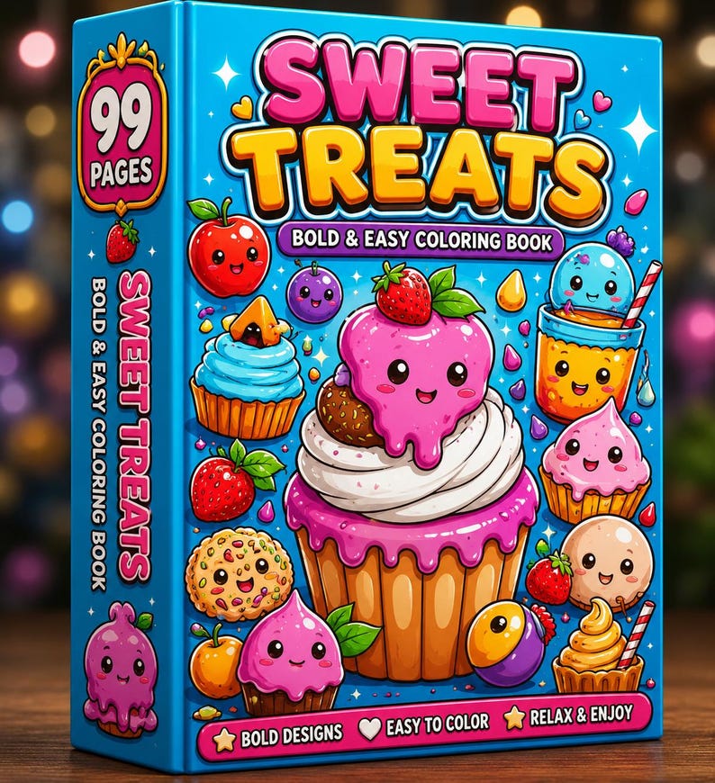 Malbuch mit süßen Leckereien | 99 Seiten mit Kawaii-Dessertmotiven (Digitaler Download) Bild 1