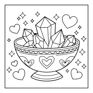Pode incluir: Uma ilustra&ccedil;&atilde;o de arte linear em preto e branco de uma ta&ccedil;a com pedestal cheia de v&aacute;rios cristais facetados. A ta&ccedil;a apresenta motivos de cora&ccedil;&otilde;es e bordas decorativas. A &aacute;rea ao redor est&aacute; preenchida com cora&ccedil;&otilde;es e estrelas de quatro pontas.
