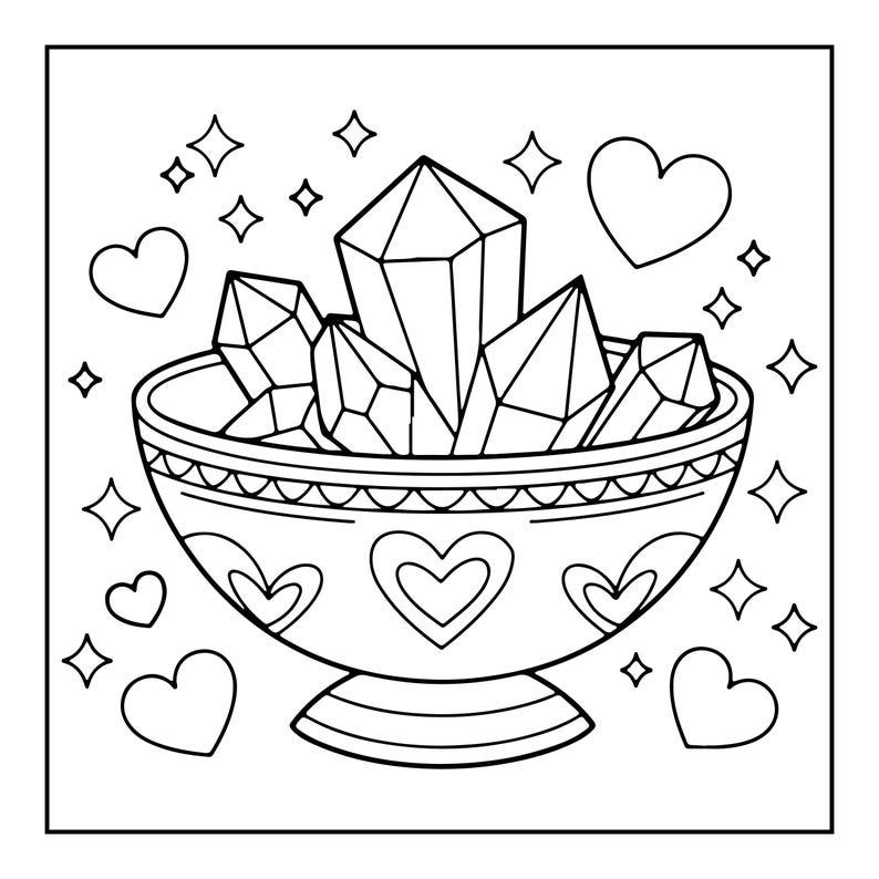 Pode incluir: Uma ilustra&ccedil;&atilde;o de arte linear em preto e branco de uma ta&ccedil;a com pedestal cheia de v&aacute;rios cristais facetados. A ta&ccedil;a apresenta motivos de cora&ccedil;&otilde;es e bordas decorativas. A &aacute;rea ao redor est&aacute; preenchida com cora&ccedil;&otilde;es e estrelas de quatro pontas.