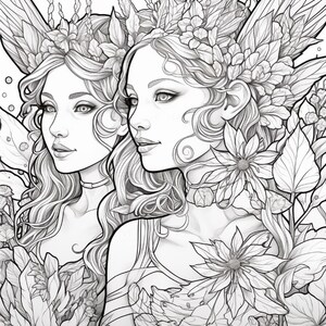 May include: A black and white line art illustration featuring two figures with long wavy hair adorned with intricate floral crowns and large wings. The figures are surrounded by detailed botanical elements including various leaves and large blossoms.