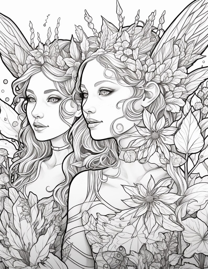 May include: A black and white line art illustration featuring two figures with long wavy hair adorned with intricate floral crowns and large wings. The figures are surrounded by detailed botanical elements including various leaves and large blossoms.
