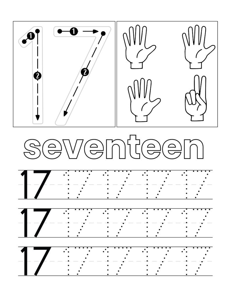 May include: A black and white educational worksheet for learning the number 17. It features the numeral 17 with directional arrows, four hand illustrations showing fingers, the word seventeen, and three rows of practice lines for tracing the number 17.