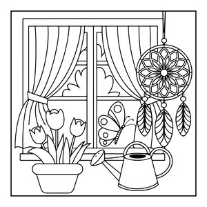 A line drawing of a window with curtains, a potted plant with tulips, a butterfly, a watering can, and a dreamcatcher hanging beside it.