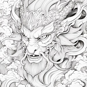 May include: A black and white line art illustration featuring a detailed dragon head with a prominent beard, sharp teeth, and ornate horns. The creature is surrounded by stylized swirling clouds and flowing hair, rendered with intricate linework.