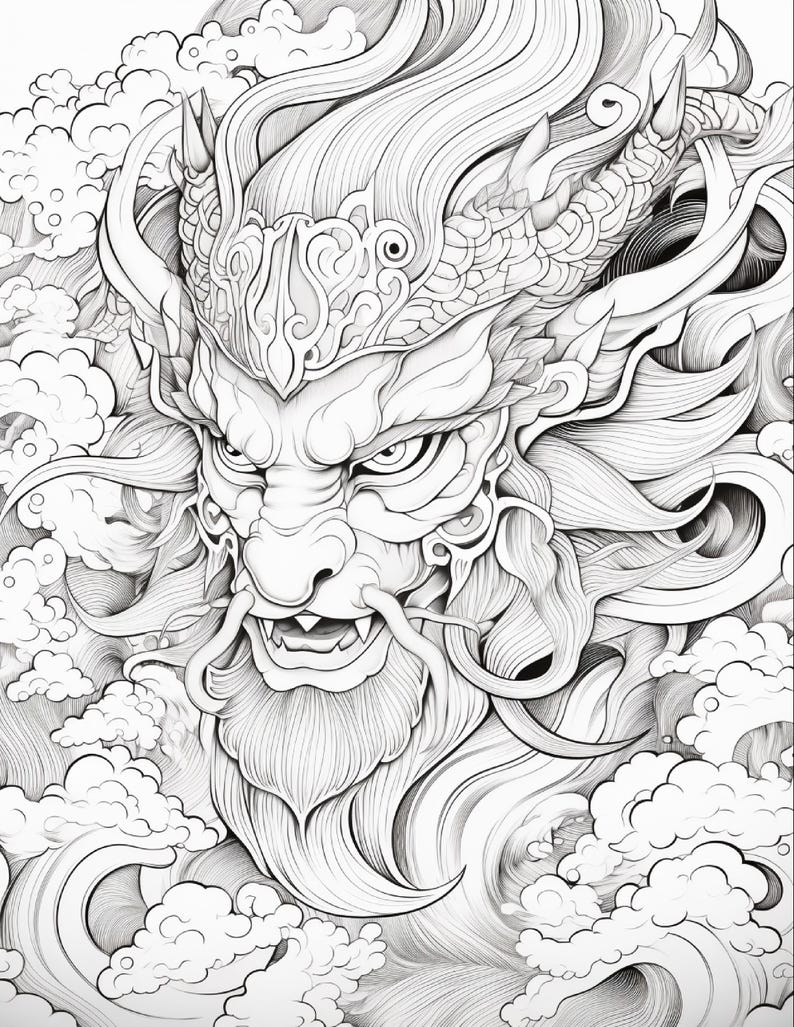 May include: A black and white line art illustration featuring a detailed dragon head with a prominent beard, sharp teeth, and ornate horns. The creature is surrounded by stylized swirling clouds and flowing hair, rendered with intricate linework.