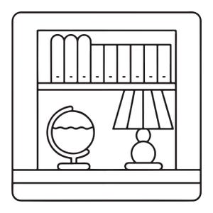 K&ouml;nnte beinhalten: Eine schwarz-wei&szlig;e Strichzeichnung eines quadratischen Regals. Das obere Fach enth&auml;lt eine Reihe von neun aufrecht stehenden B&uuml;chern. Das untere Fach zeigt links einen Globus auf einem St&auml;nder und rechts eine Tischlampe mit einem Lampenschirm.