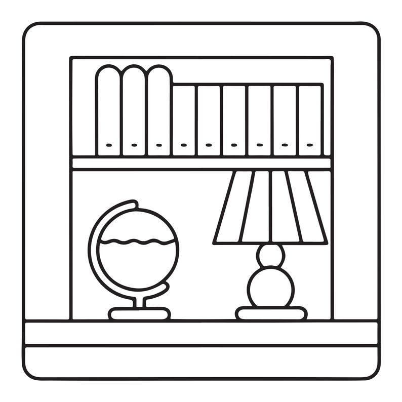 K&ouml;nnte beinhalten: Eine schwarz-wei&szlig;e Strichzeichnung eines quadratischen Regals. Das obere Fach enth&auml;lt eine Reihe von neun aufrecht stehenden B&uuml;chern. Das untere Fach zeigt links einen Globus auf einem St&auml;nder und rechts eine Tischlampe mit einem Lampenschirm.