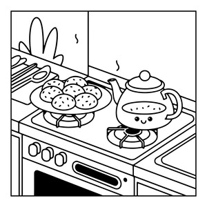 May include: A black and white line art illustration of a kitchen stove. A plate with five cookies sits on the left burner, while a smiling teapot with a lid and handle rests on the right burner. Steam lines rise from the teapot and the cookies.