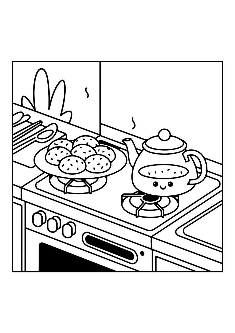 May include: A black and white line art illustration of a kitchen stove. A plate with five cookies sits on the left burner, while a smiling teapot with a lid and handle rests on the right burner. Steam lines rise from the teapot and the cookies.