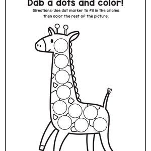A black and white printable coloring worksheet featuring a giraffe with blank circles for dot markers.
