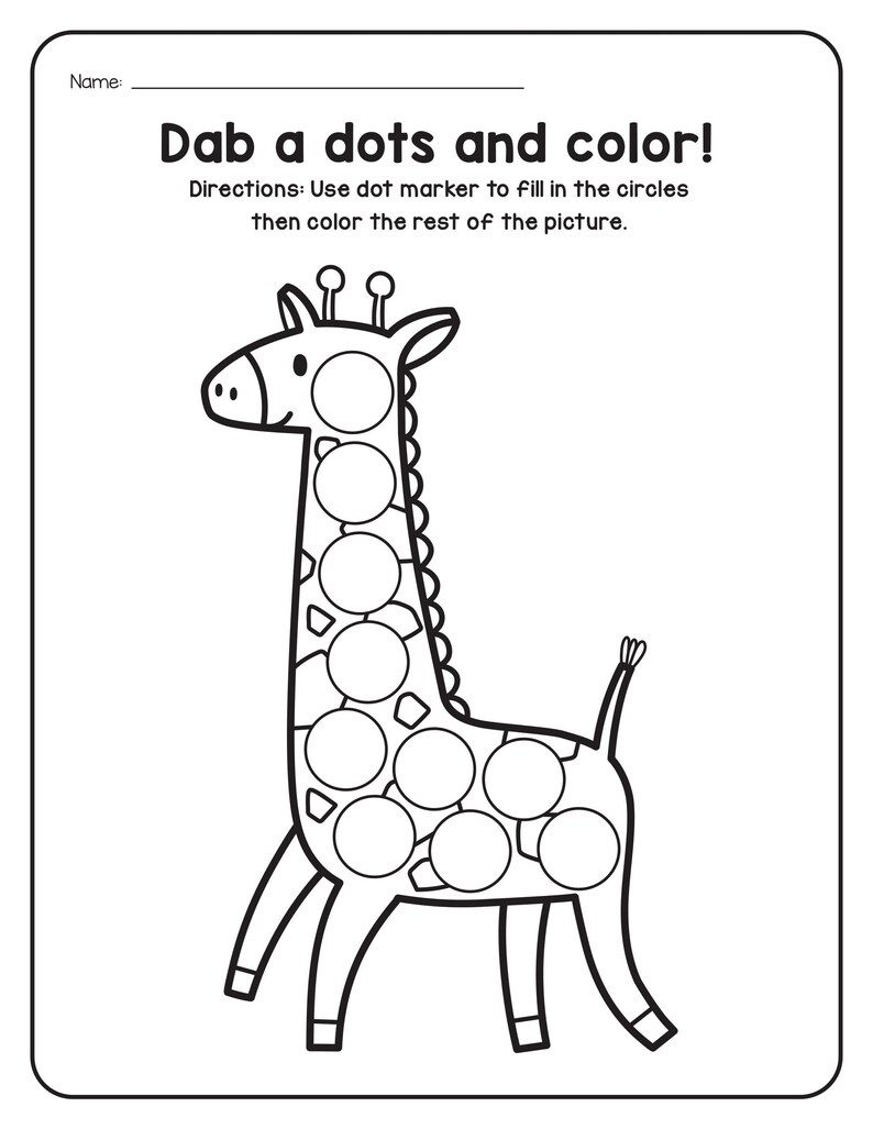 A black and white printable coloring worksheet featuring a giraffe with blank circles for dot markers.