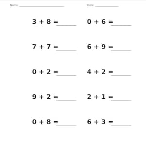 May include: A single-digit addition practice worksheet featuring a gray header with the text Addition &bull; Single Digit. The page includes blank lines for Name and Date, followed by ten math problems such as 3 + 8, 7 + 7, 0 + 6, and 6 + 9.