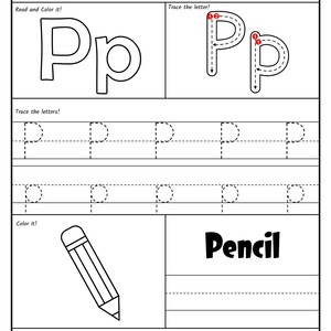 A black-and-white alphabet worksheet for the letter P featuring stroke order guides, uppercase and lowercase tracing lines, a coloring picture of a pencil, and a letter recognition activity at the bottom.