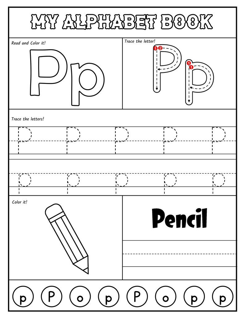 A black-and-white alphabet worksheet for the letter P featuring stroke order guides, uppercase and lowercase tracing lines, a coloring picture of a pencil, and a letter recognition activity at the bottom.