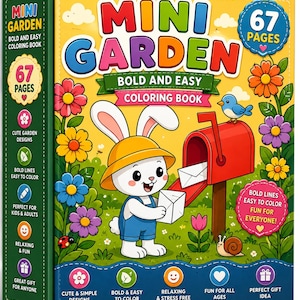 May include: A square coloring book titled Mini Garden Bold and Easy Coloring Book with 67 pages. The cover features a white rabbit in a yellow hat and blue overalls holding an envelope near a red mailbox, surrounded by colorful flowers and a snail.