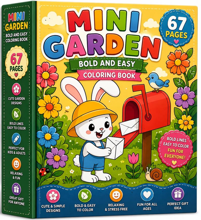 May include: A square coloring book titled Mini Garden Bold and Easy Coloring Book with 67 pages. The cover features a white rabbit in a yellow hat and blue overalls holding an envelope near a red mailbox, surrounded by colorful flowers and a snail.