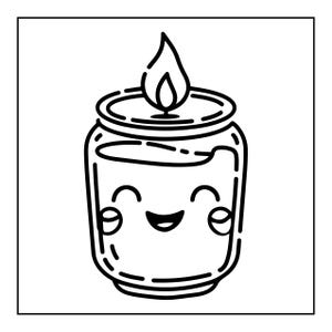 May include: A black and white line art illustration of a candle in a jar. The jar features a smiling face with closed eyes, rosy cheeks, and a wide grin. A single flame is depicted burning at the top of the candle, centered above the jar opening.
