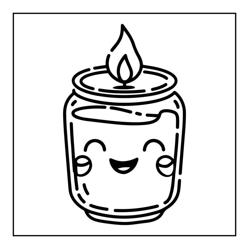 May include: A black and white line art illustration of a candle in a jar. The jar features a smiling face with closed eyes, rosy cheeks, and a wide grin. A single flame is depicted burning at the top of the candle, centered above the jar opening.