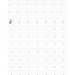 A worksheet sheet with solid guidelines and sparse dotted outlines for practicing the letter D.