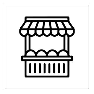 May include: A black and white line art icon of a market stall featuring a striped awning, a central counter displaying four rounded items, and a base with vertical slats, all enclosed within a thin square border frame.