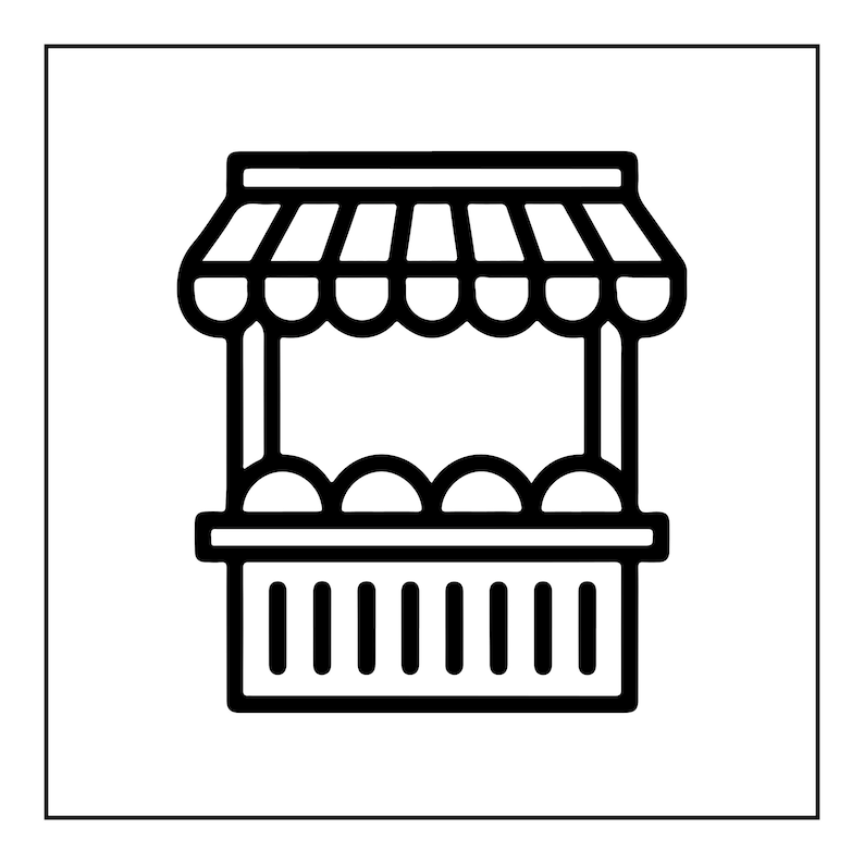 May include: A black and white line art icon of a market stall featuring a striped awning, a central counter displaying four rounded items, and a base with vertical slats, all enclosed within a thin square border frame.
