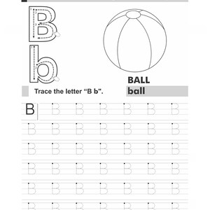 A printable tracing worksheet for the letter B with an outline of a striped ball.