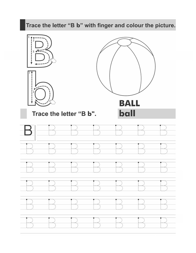 A printable tracing worksheet for the letter B with an outline of a striped ball.