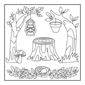 A black and white coloring page depicting a forest scene with two trees, a hanging lantern, a bucket, a tree stump, a mushroom, and a nest with eggs.