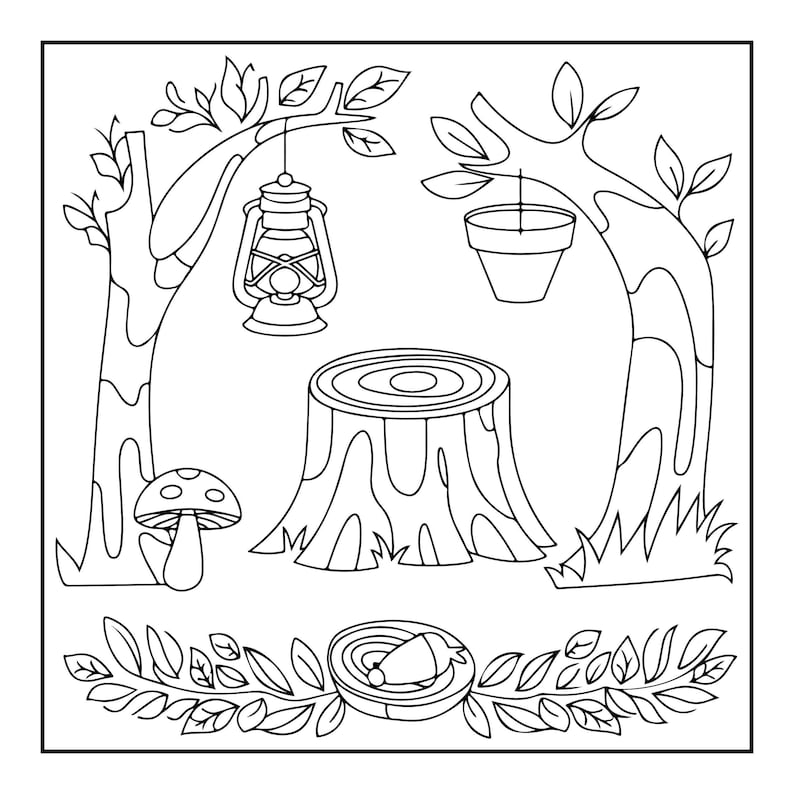 A black and white coloring page depicting a forest scene with two trees, a hanging lantern, a bucket, a tree stump, a mushroom, and a nest with eggs.