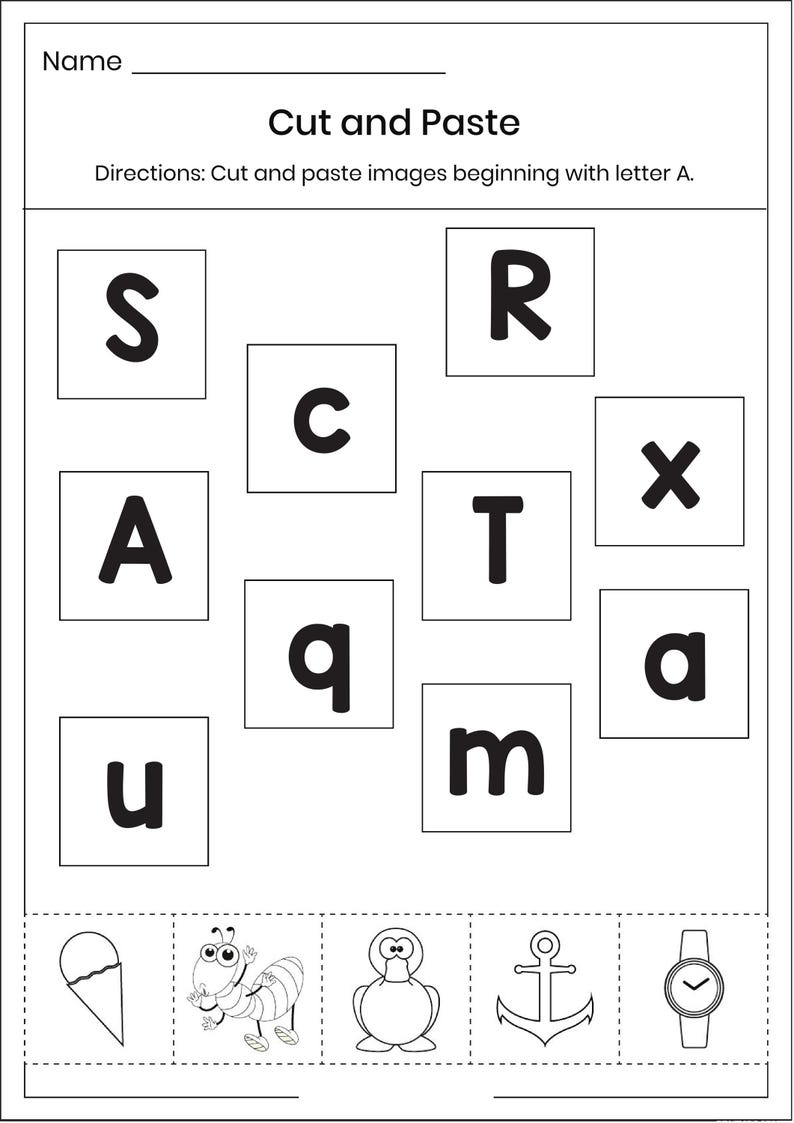 May include: A black and white educational worksheet titled Cut and Paste with directions to cut and paste images beginning with letter A. The page features a grid of squares containing letters S, C, R, A, T, x, q, m, a, u and a bottom row of illustrations.