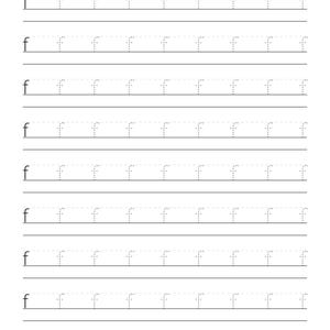 May include: A white educational worksheet featuring nine horizontal rows of practice lines for the lowercase letter f. Each row begins with a solid black letter f followed by eight dotted-line versions of the letter f for tracing practice.